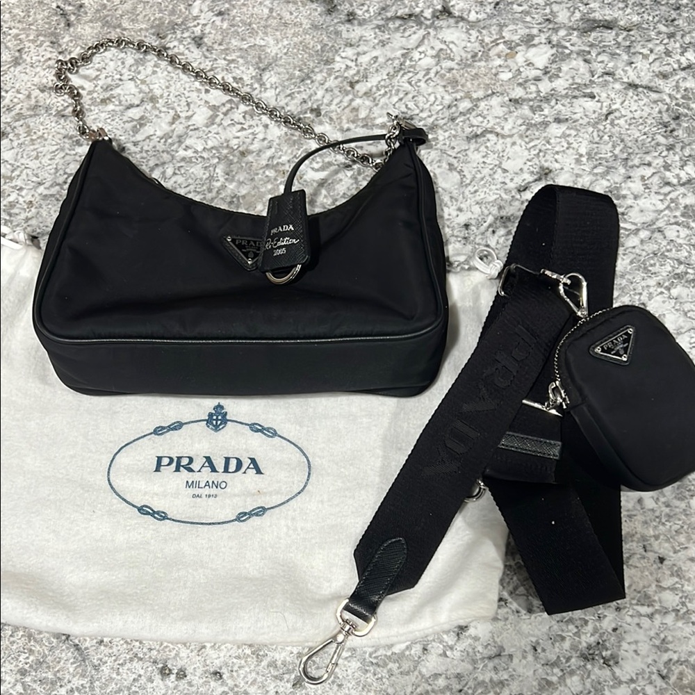 Prada Black Nylon Shoulder Bag with Chain Strap